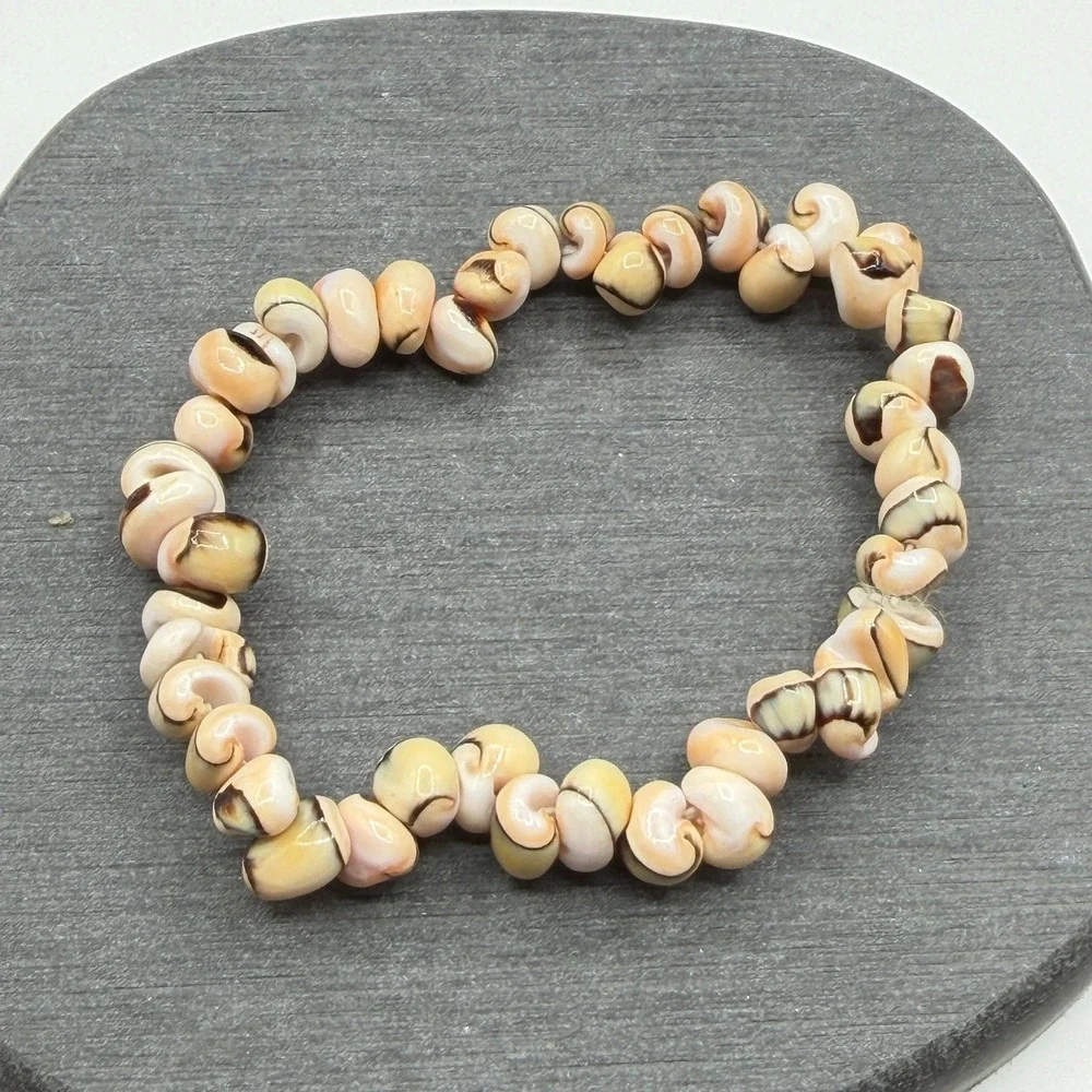 Natural Shell Chip Stretch Bracelet Peach Cream Brown Boho Coastal Beach Jewelry